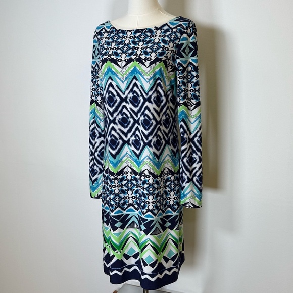 Vince Camuto Blue And Green Geometric Print Long Sleeve Dress Women’s Size 10 - Picture 2 of 9